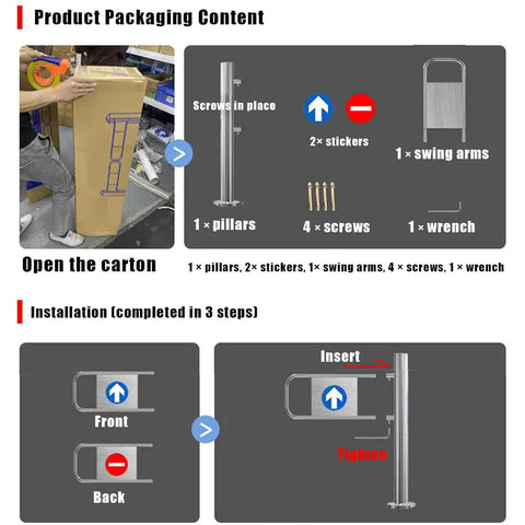 Product packaging contents for Heavy Duty Self Closing Swing Gate Built Tough With Galvanized Steel, showing screws, pillars, and installation parts.