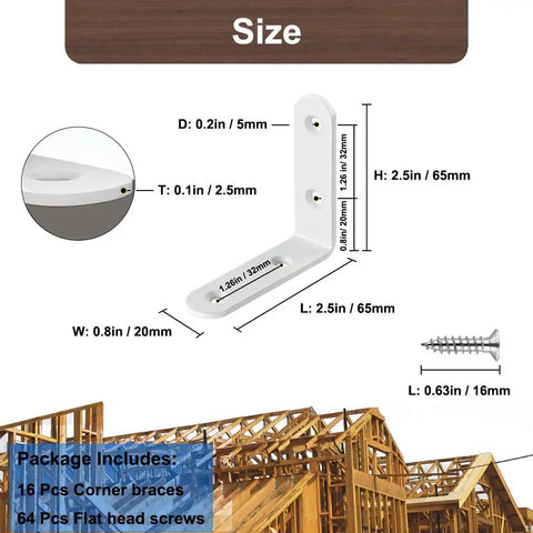 16 Piece Beefy White 2.5 Inch L Brackets For Wood Shelves, detailed dimensions and screw specifications for installation.