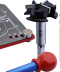 Precision Cabinet Locator Kit For Door Hinge Alignment With Pro Adjustable Template Jig And Measurement Guide Quick Setup For Woodworking Kitchens Cabinets And Furniture Assembly showing close-up of components including drill bits and template.