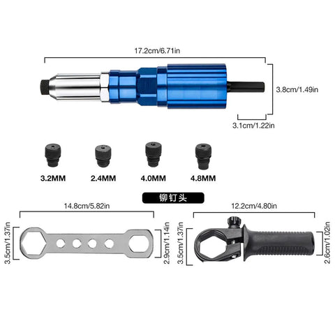 Cordless Drill Rivet Attachment Kit For Automotive Metal Aluminum Projects, Pop Rivet Adapter For Fastening, Heavy Duty Construction And Repair Tools with sizes.