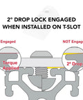 Engaged and not engaged states of 2° drop lock in Heavy Duty Rock Solid Roll In T Nut with Ball Spring installation on T-slot.