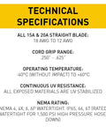 Technical specifications for Yellow 15 Amp Watertight NEMA 4X 6P Straight Blade Connector, covering AWG, cord grip, temperature, UV, and NEMA rating.