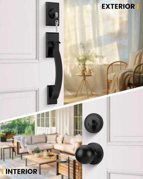 Matte Black Front Door Handle And Deadbolt Set With Reversible Knob Heavy Duty Exterior Door Lock Kit Easy Install Smooth Operation Modern Curb Appeal For Home Security on door.