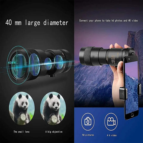 4K 10-300X40mm Monocular Telescope With Night Vision Waterproof Beast Mode High Power Scope showcasing lens and phone attachment.