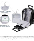 Softside Underseat Carry On Bag With Wheels Lightweight 15-Inch Luggage For Travel Compact Upright Two-Wheel Roll On 26 L Capacity Durable Eco Friendly Black with open interior showing removable hanging organizer and recycled plastic lining