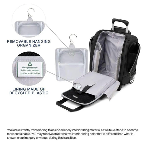 Softside Underseat Carry On Bag With Wheels Lightweight 15-Inch Luggage For Travel Compact Upright Two-Wheel Roll On 26 L Capacity Durable Eco Friendly Black with open interior showing removable hanging organizer and recycled plastic lining