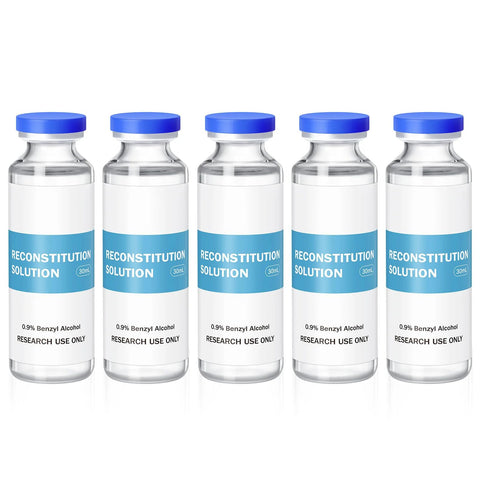 Five 30ml premium glass vials with blue caps labeled Reconstitution Solution, 0.9% benzyl alcohol.