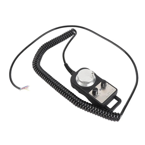 5V Cnc 4 Axis Electronic Handwheel With Manual Pulse Generator And Multiplier Switch on a black coiled cable, ideal for precise machine tool jogging.