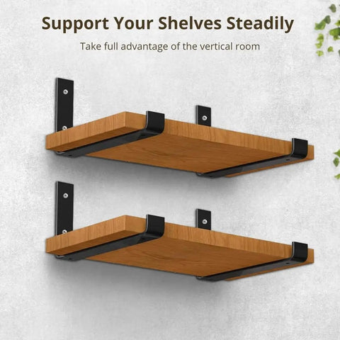 Gonna Upgrade Your Walls With These Heavy Duty Shelf Brackets For Storage Rustic Industrial Corner Bracket Set Featuring Upward Hook Design That Keeps Your Home Organization Totally Stress Free, showcasing two wood shelves supported by metal brackets.