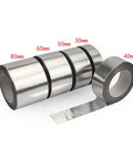 Heavy Duty Aluminum Foil Sealing Tape For Kitchen Exhaust Pipes Perfect Fit Heat Insulation Sun Resistant Tape Smooth Surface Easy To Paste And Trim Long Lasting 10 Meters Roll in various widths on a white background.
