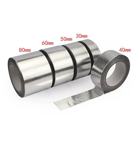 Heavy Duty Aluminum Foil Sealing Tape For Kitchen Exhaust Pipes Perfect Fit Heat Insulation Sun Resistant Tape Smooth Surface Easy To Paste And Trim Long Lasting 10 Meters Roll in various widths on a white background.