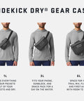 Three Sidekick Dry Gear Cases worn crossbody, 1L, 3L, and 6L sizes, showcasing storage capacity compared to 3L for outdoor adventures.