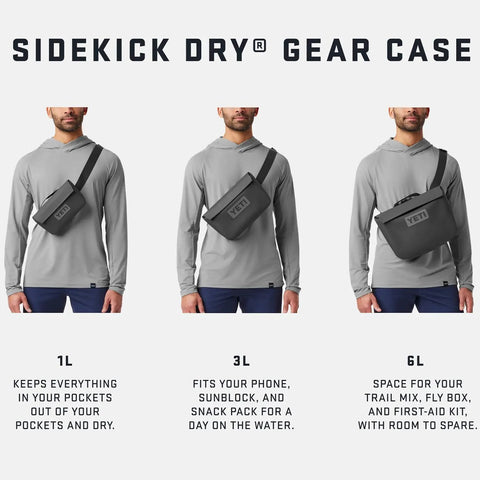 Three Sidekick Dry Gear Cases worn crossbody, 1L, 3L, and 6L sizes, showcasing storage capacity compared to 3L for outdoor adventures.
