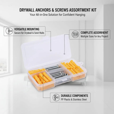 Drywall Anchors And Screws Kit With PP Plastic Wall Plugs And Stainless Steel Screws in open case, for hollow and solid walls