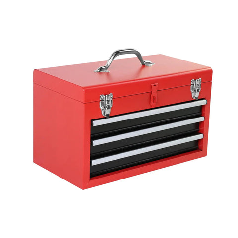 Heavy Duty Rolling Tool Chest With Sturdy Swivel Wheels And Three Smooth Drawers Plus Versatile Removable Top Box For Hella Garage Organization And Straight Up Solid Storage in red metal.