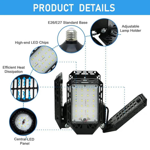 High Output 150W LED Garage Light With Four Adjustable Panels 15000 Lumens 6500K Daylight E26 E27 product details