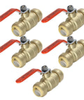 Five brass ball valves with red handles, focus: 1 Inch Push Fit Ball Valves 5 Pack Brass Full Port Leak Free Shut Off With Push To Connect Design NSF ANSI 61 Certified Copper CPVC Or PEX Compatible Underground Ready Plumbing Fittings.