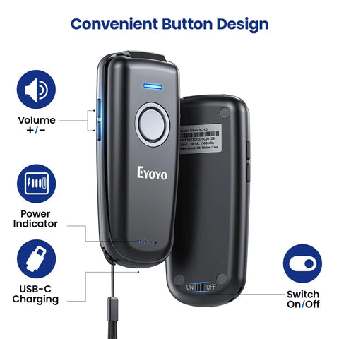 Pocket Friendly Wireless Barcode Scanner With 3 In 1 Bluetooth Connectivity And Battery Level Indicator, USB CCD Image Reader for Small Business featuring volume control and power indicator.