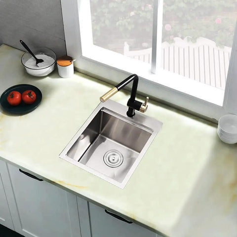 Drop In Bar Sink 15 X 21 Inch Single Bowl In 16 Gauge T304 Stainless Steel Satin Finish Heavy Duty Dent Resistant Wet Bar RV Kitchen Sink With Top Mount Design And Included Accessories Easy To Clean And Rust Resistant in a kitchen setting