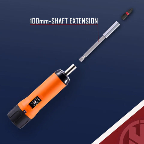 Torque Screwdriver And Driver Set For Maintenance And Bike Repair Ten To Seventy Inch Pounds Range T Bar Handle Forty Bits Including Phillips Pozidriv Slotted Hex Torx One Quarter Inch Socket Shaft Extension Orange showing 100mm shaft extension.