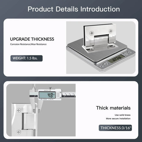 Heavy Duty 90 Degree Glass Shower Door Hinges In Solid Brass Black Finish Replacement Hardware For Five Sixteenth Inch To One Half Inch Tempered Glass Two Pack Ideal For Frameless Shower Enclosures displayed with weight and thickness measurements
