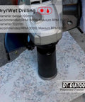 DT-DIATOOL diamond core drill bit installed on an angle grinder; 1-1/2 in (38 mm) welded hole saw for granite/stone
