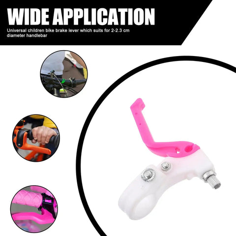 Kids Bike Brake Lever Set, 2 Pack Universal Brake Handles For Kids Bikes, Replacement Plastic Levers For 2 To 2.3 Cm Handlebar Diameter, Easy Install, Comfortable Grip, Rosy Color, shown with installation examples.