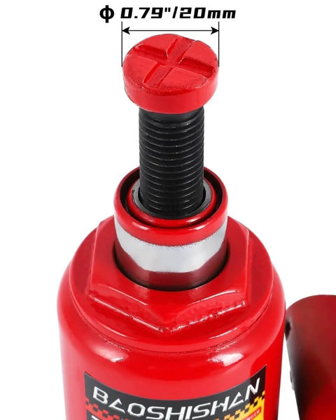 Close-up of red 3 Ton Double Ram Hydraulic Bottle Jack With 6.5 To 16.5 Inch Lifting Range Portable Car Jack In Carrying Case