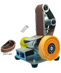 Compact Mini Electric Belt Sander For Desktop Use with sandpaper belt and polishing wheel for smooth finishing.