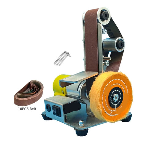 Compact Mini Electric Belt Sander For Desktop Use with sandpaper belt and polishing wheel for smooth finishing.