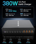 All In One 12 Port Aluminum GaN Charging Station 380W Fast USB C Charger Block With 65W Laptop PD ports diagram