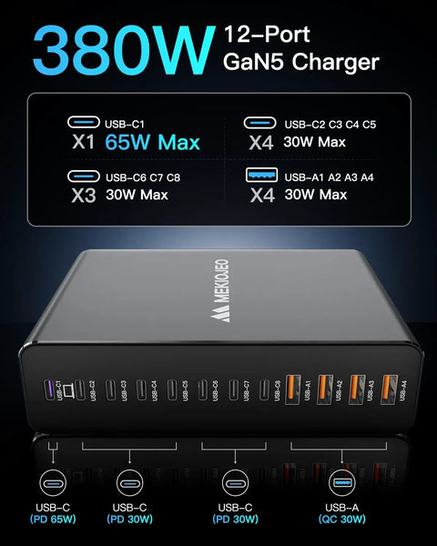 All In One 12 Port Aluminum GaN Charging Station 380W Fast USB C Charger Block With 65W Laptop PD ports diagram