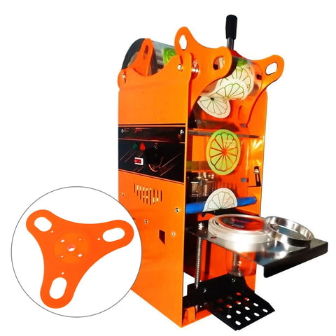 4 Pack Cup Sealing Machine Guard Stopper Roll Film Stopper Sealing Plate Easy Install Accessory For Cup Sealer Machines Plastic Spare Part For Beverages Kitchen And Food Service, front view of orange guard stopper plate attached to machine.