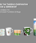 Various mugs and tumbler with sublimation designs, demonstrating use of Three Thickness Silicone Mug Wraps for Sublimation and Heat Pressing