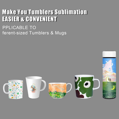 Different-sized sublimated mugs with patterns, illustrating Silicone Mug Wraps Set For Cricut Mug Press With Three Thickness Options