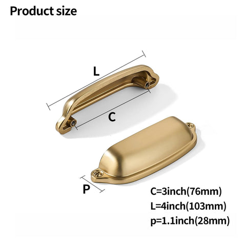 Champagne Bronze Cup Pulls 3 Inch Center To Center 10 Pack zinc alloy handles with size dimensions for kitchen and bathroom hardware