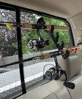 Adjustable Horizontal Fishing Rod Rack With Suction Cup Mount For Car Truck SUV Boat Holds Four Rods installed on a vehicle window
