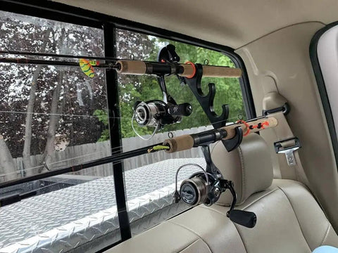 Adjustable Horizontal Fishing Rod Rack With Suction Cup Mount For Car Truck SUV Boat Holds Four Rods installed on a vehicle window