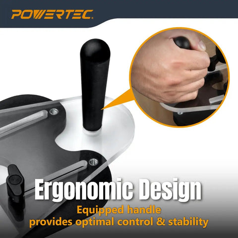 Universal Offset Router Base Plate With Reversible Edge Routing Fence And Pre Drilled Alignment Marks featuring ergonomic handle for control.