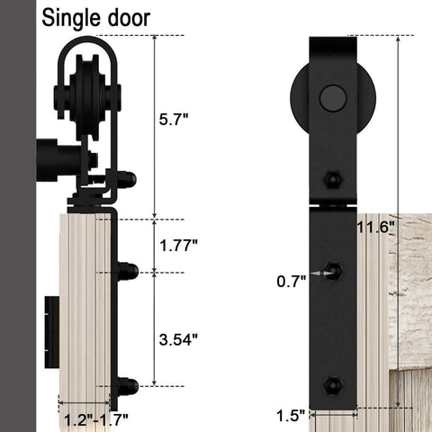 52 Inch Bi Folding Sliding Barn Door Hardware Kit For Two Doors With J Shape Hangers, detailed side view of hardware dimensions.