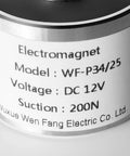 Close-up of 12V DC Electric Lifting Magnet Electromagnet Solenoid For Assembly Line Use, model WF-P34/25 label, silver tone.