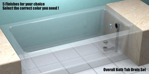 One And A Half Inch Black Tubular Bath Drain Kit With Tip Toe Touch Toe Drain Stopper installed in bathtub