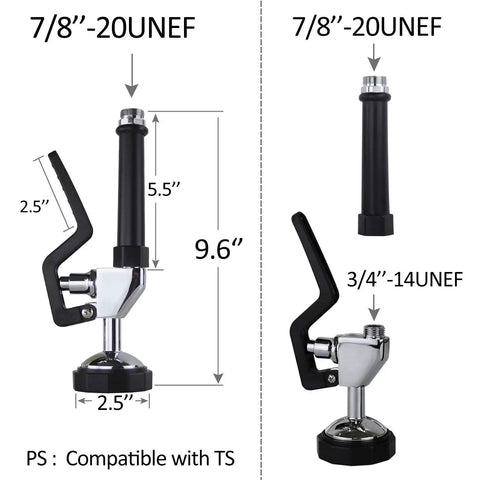Diagram of Commercial Sink Sprayer Replacement Kit with handle grip, durable brass, black finish, 9.6 x 2.5 inches, for high-pressure use.