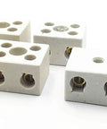 Four white porcelain ceramic terminal blocks with top holes and screw terminals for high-temp insulation, AC 380V 30A.