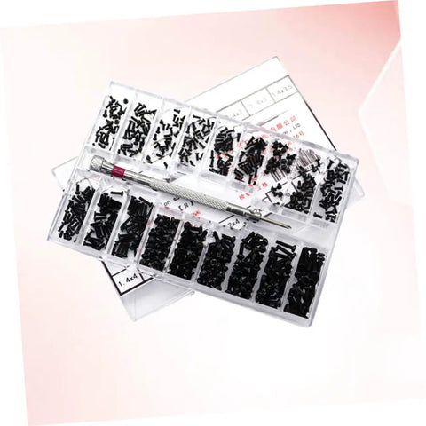 Miniature Screw Set With Countersunk Flat Head Screws In Transparent Storage Box for glasses and watches repair projects.