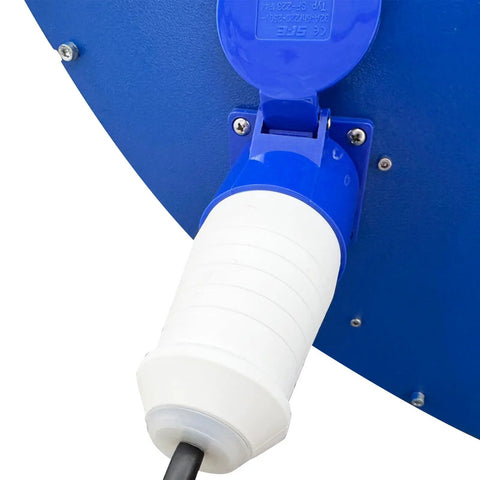 Close-up of the power connection socket on the Shop Grade Electric Drum Rotator And Mixer Portable Steel Roller.