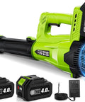 Cordless Leaf Blower With Dual 4Ah Batteries And Charger, lightweight electric blower for lawn care, garden, and patio use.