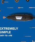Dremel 3100-1/15 variable speed rotary tool side view with assorted attachments