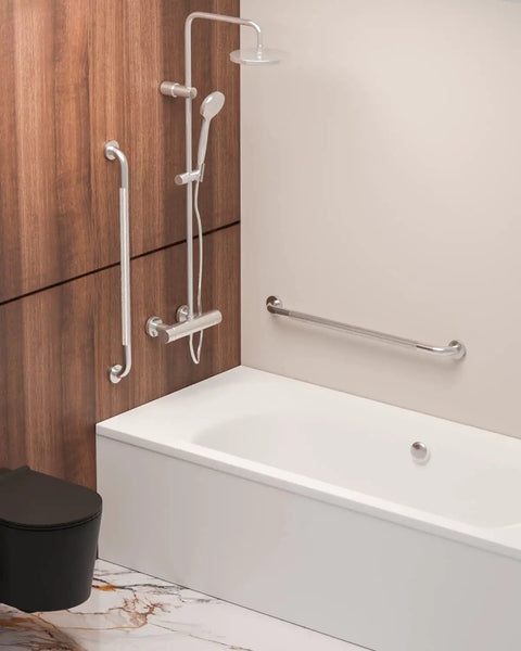 Bathroom with 32 Inch Anti Slip Shower Grab Bar With Satin Brushed Nickel Finish And Knurled Middle For Superior Grip