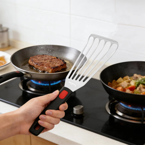 Stainless steel fish spatula with slotted blade and black silicone handle, 10.3-inch